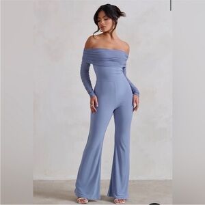 Club L London NEW Rushed Mesh Bardot Jumpsuit Black 16 Wedding Shower Holiday
